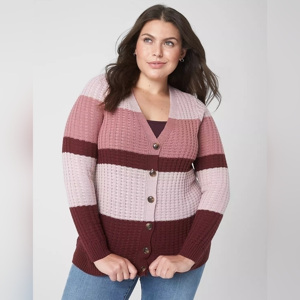 LANE Bryant Classic Button-Front‎ Texture Maroon Stripe Knit Cardigan 22/24 New